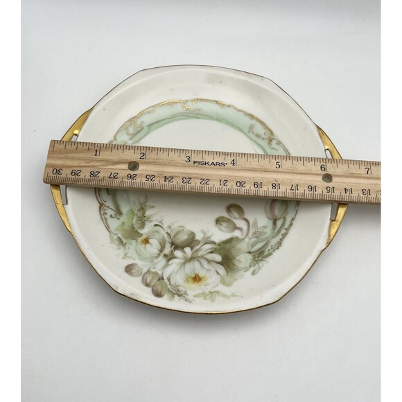 Antique MZ Austria 6.5” Porcelain Plate Floral White Gold Trim Pierced Handles - Picture 7 of 8